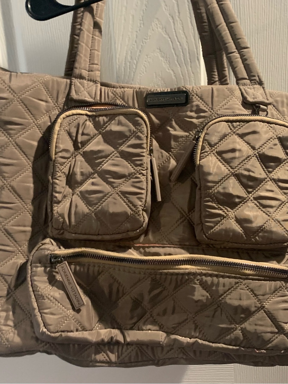 Light Brown Quilted Tote Bag with Multiple Pockets